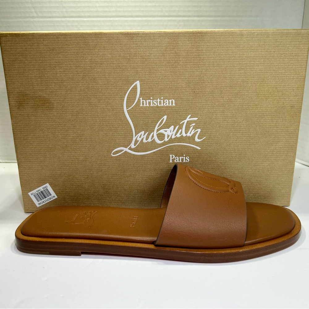 CHRISTIAN LOUBOUTIN CL MULE FLAT SANDAL EMBROIDERED LOGO BROWN LEATHER SZ 39 NEW - Picture 4 of 15
